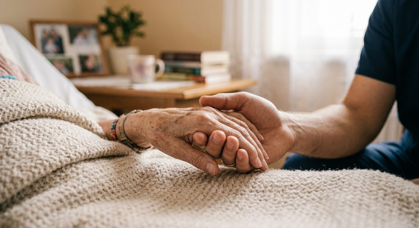 Ruka pečující osoby drží ruku seniorky ležící doma v posteli — domácí paliativní péče
