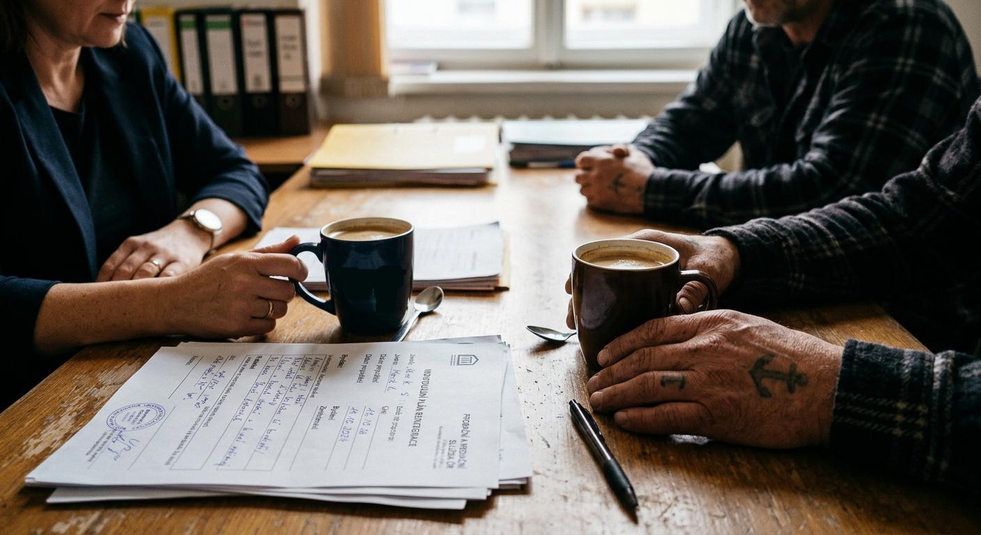 Sociální pracovnice a klient sedí u stolu nad kávou a dokumenty k individuálnímu plánu spolupráce